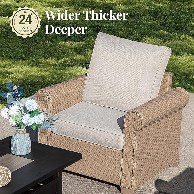 Patio Furniture Set 5 pcs, Wicker Outdoor Patio Furniture, 3-Seat Sofa, 2 Single Chairs and 2 Ottomans, Rattan Patio Conversation Set for Backyard Deck, Beige