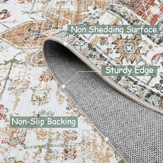 Moynesa Ultra-Thin Washable Area Rug - 3x5 Entryway Rug Washable Bedroom Rug Non Slip Front Door Mat, Vintage Medallion Printed Indoor Carpet for Living Laundry Bathroom Vanity Foyer, Beige/Gold