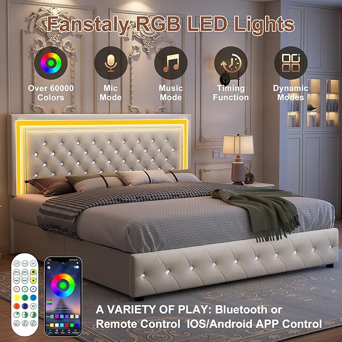 Queen led Bed Frame with 4 Drawers, Upholstered Platform Bed with Solid Wooden Slats Support, No Box Spring Needed, 900 lbs Capacity, Easy Assembly, Velvet Cream