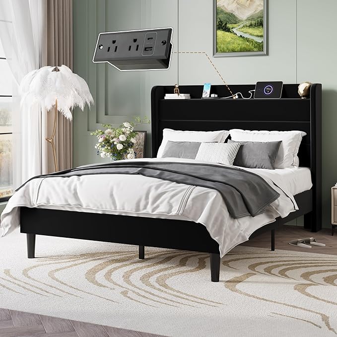 SHA CERLIN Queen Bed Frame with Charging Station, Velvet Upholstered Platform Bed, Wingback Storage Headboard, Type-C & USB Ports, Strong Wooden Slats, No Box Spring Needed, Easy Assembly, Black