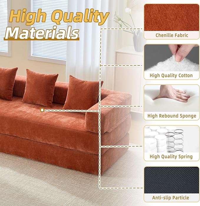 Convertible Floor Sofa Bed with Storage Pocket, Chenille Folding Mattress Sofa with Zipper Closure, Floor Lounge Couch for Living Room, Bedroom, Studio -Burnt Orange