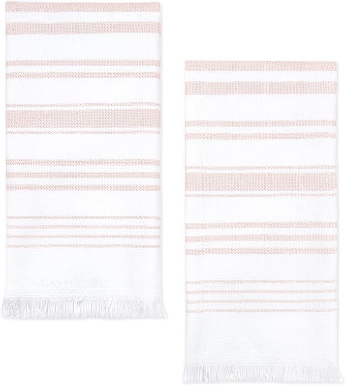 Sticky Toffee Hand Towels for Bathroom Set of 2 – 28x16 in White and Blush Pink Striped Turkish Towels, Soft and Absorbent Decorative 100% Cotton Bath Towels