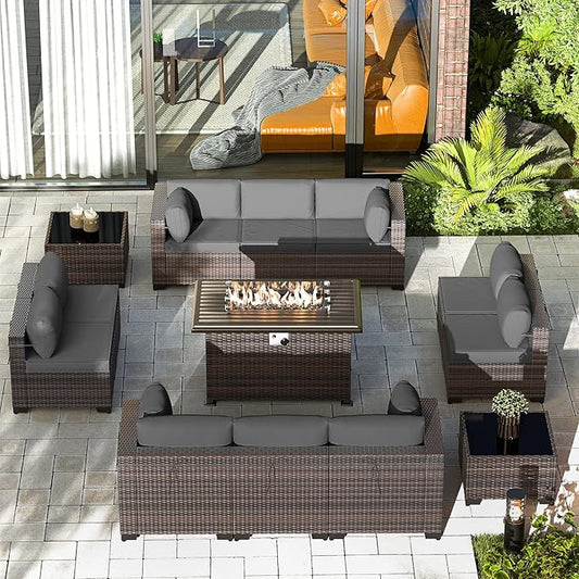Gotland 13 Pieces Patio Furniture Set with Fire Pit Table, All Weather PE Rattan Outdoor Furniture with 29.5'' High Backrest 4’’ Thick Cushions Coffee Table, Patio Conversation Set for Deck, Gray