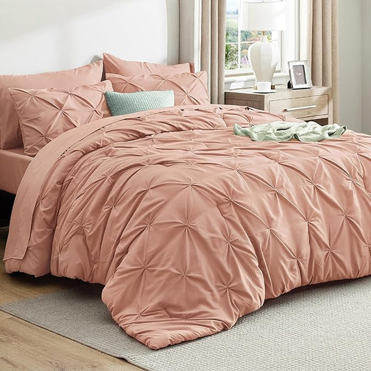 Bedsure Queen Comforter Set Dusty Pink - Bed in a Bag Queen Size Bedding 7 Pieces, GentleSoft™ Pintuck Bed Set Gift for Family, Pinch Pleat All Season Comforter with Sheets, Pillowcases & Shams