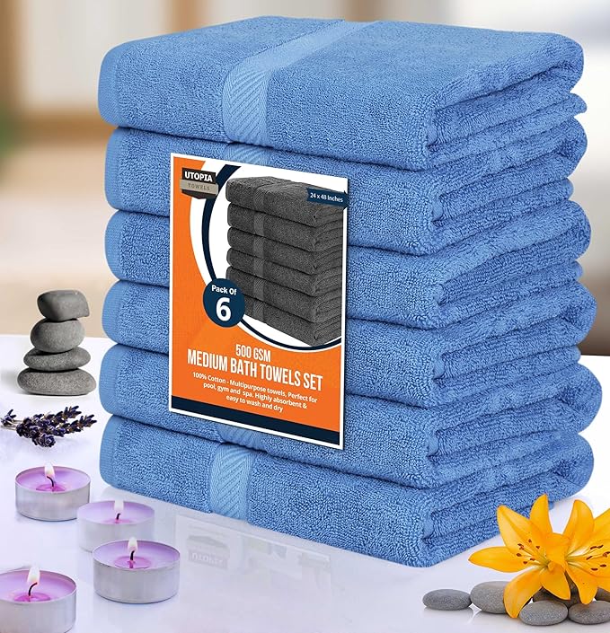 Utopia Towels 6 Pack Medium Bath Towel Set, 100% Ring Spun Cotton (24 x 48 Inches) Lightweight and Highly Absorbent Quick Drying Towels, Premium Towels for Hotel, Spa and Bathroom (Electric Blue)