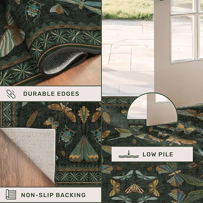 6x8 Dark Green Washable Dining Room Rug - Vintage Area Rug for Living Room, Bedroom Under Bed Low Pile & Soft, Insect Moth Floral Non Slip Low Pile Floor Carpet