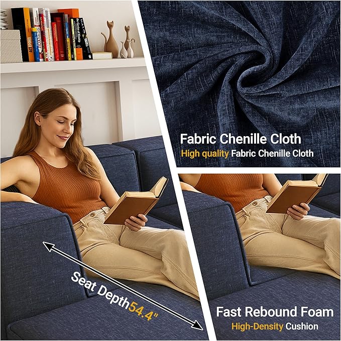 106" Sectional Compressed Sofa Modular Couches L-Shape with Chaise,High-Density Foam No Assembly Required,4-Piece(2xCorner 1xArmless 1xOttoman) for Living Room Chenille Blue