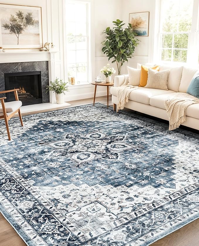 AMADA HOMEFURNISHING 8x10 Washable Area Rug, Low-Profile Large Area Rug with Non-Slip Backing & Durable Edge Binding, Vintage Large Rugs for Living Room, Bedroom, Dinning Room