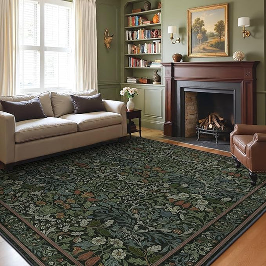 GENIMO 9x12 Washable Area Rug, Non-Slip Vintage Boho Floral Carpet, Soft Low-Pile Thin Large Living Room Rug for Bedroom, Dining Room, Nursery, Dark Green
