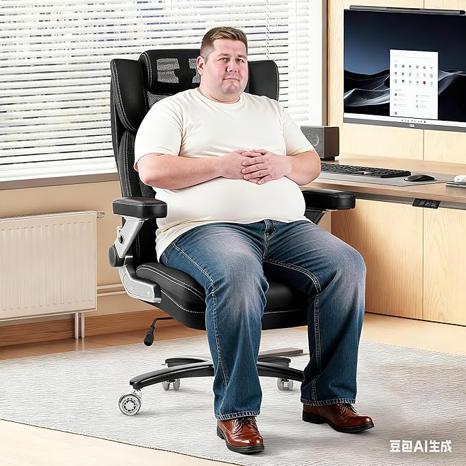 Big and Tall Office Chair 600lbs- Heavy Duty Executive Computer Chair with Rubber Wheels 3D Flip Arms, Ergonomic Mesh High Back Desk Chair, Extra Wide Seat Adjustable Lumbar Support & Headrest
