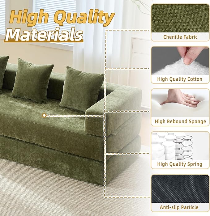 Comfy Convertible Folding Mattress Couch, Floor Sofa Bed, Chenille Floor Sofa with Armrest, Floor Sofa Lounge Couch for Living Room Bedroom Lounge Studio-Green