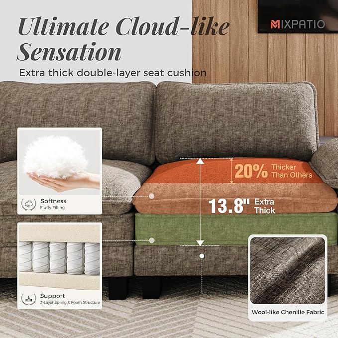 L-Shaped Cloud Modular Sofa Set, Deep Seat 2-Piece 5-Seater Sectional Couch & Removable Arms, Plush Chenille for Living Room - Smoky Gray