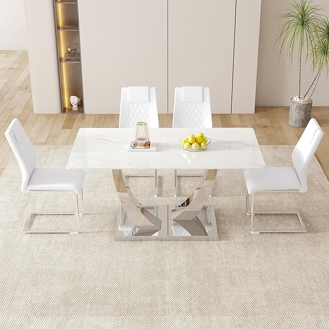 AZmac 63" Modern Dining Table Set for 4, White Dining Room Set for 4, Tempered Glass Kitchen Table and PU Leather Chairs, Marble Pattern Top with Sturdy Silver Chrome Base
