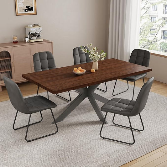 Extendable Dining Table Set for 6–8 People, Modern Walnut Rectangular Dining Table 63"-79" with 6 Leather Chairs, Space-Saving Expandable Kitchen Table Set with Sturdy Metal Frame for Dining Room