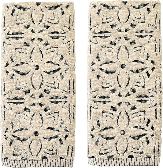 SKL Home Lisbon 100% Cotton Premium 2-Piece Hand Towel Set, 600 GSM, Reversible Jacquard, Soft & Absorbent, Decorative for Bath/Kitchen/Bar & Gift, Black