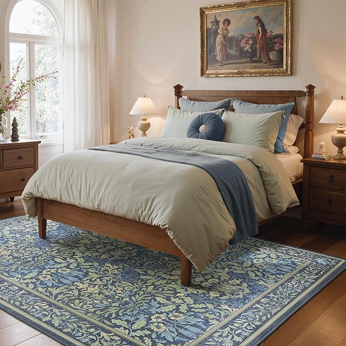 GENIMO 5x7 Washable Area Rug, Non-Slip Vintage Boho Floral Carpet, Soft Low-Pile Thin Bedroom Rug for Living Room, Dining Room, Nursery, Dark Blue