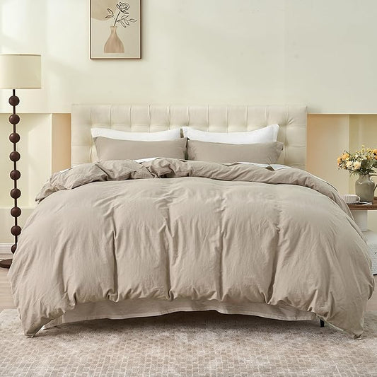 Simple&Opulence French Linen Duvet Cover Set- 104"x 92" - 3 Pieces (1 Comforter Cover,2 Pillowcases)-Natural Flax Cotton Blend-Solid Color Breathable Farmhouse Bedding - Khaki, King