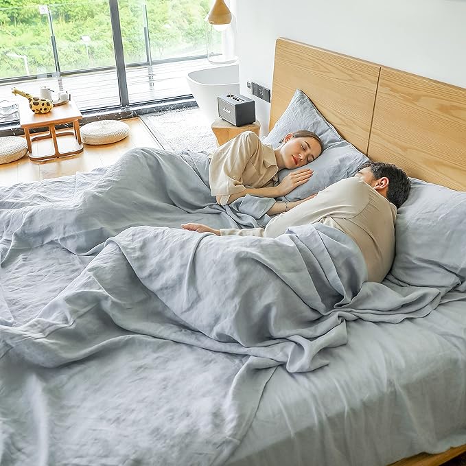 Simple&Opulence French Linen Duvet Cover Set 104"x 92"- 3 Pieces (1 Comforter Cover,2 Pillowcases)-Natural Flax Cotton Blend-Solid Color Breathable Farmhouse Bedding-Dusty Blue, King
