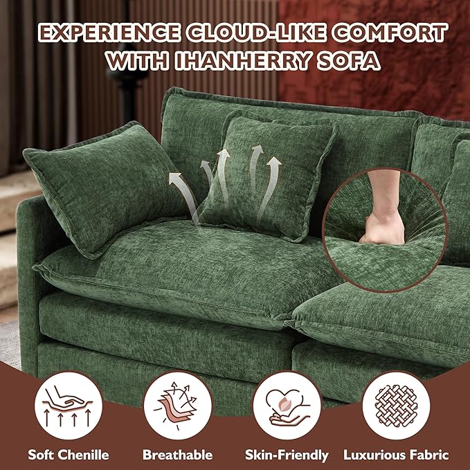 Ihanherry 111.4 Inch 3-Seater Cloud Sofa, Modular Sectional Couch, Modern Deep Seat Sofa for Living Room, Comfy Double Layer Upholstered Seat Cushion, Breathable Chenille Fabric, Green