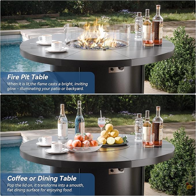 Kurapika 5 Pieces Patio Furniture Set, Rattan Wicker Outdoor Conversation Sets, 4 Woven Rattan Swivel Chairs w/48in Propane Fire Pit Table and Thickened Cushions, Blue