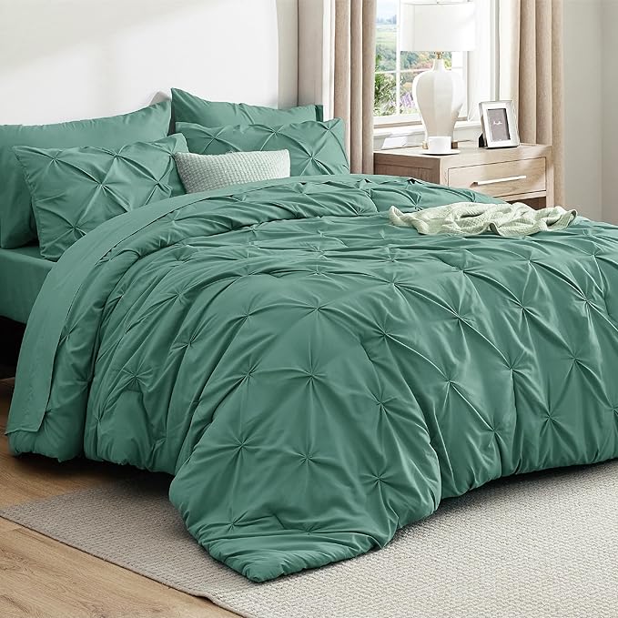 Bedsure Queen Comforter Set Graysih Green - Bed in a Bag Queen Size Bedding 7 Pieces, GentleSoft™ Pintuck Bed Set Gift for Family, Pinch Pleat All Season Comforter with Sheets, Pillowcases & Shams