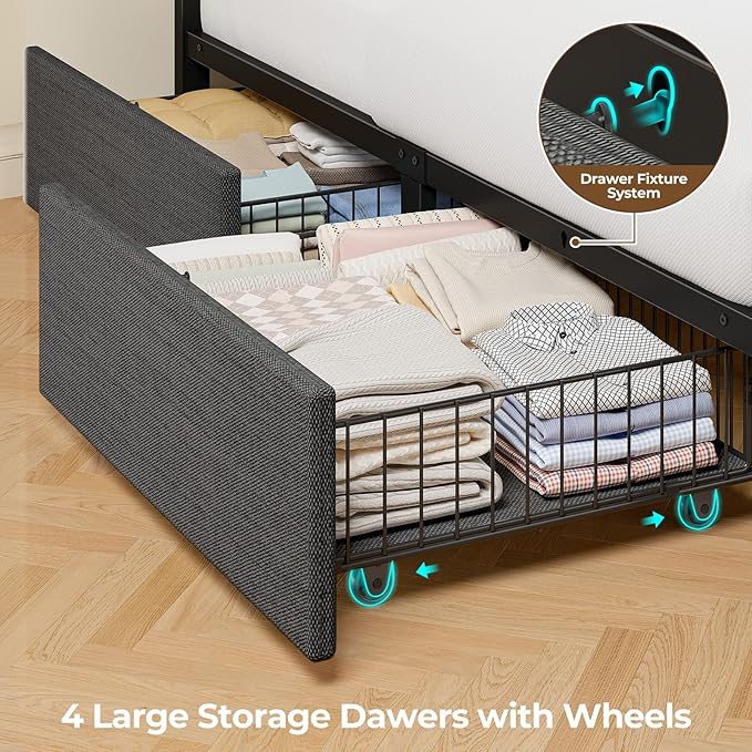 Seventable Full Size Bed Frame with 4 Storage Drawers, Charging Station & LED Lights, Upholstered Headboard with 2-Tier Shelves, Metal Platform Bed, No Box Spring Needed, Noise-Free, Grey