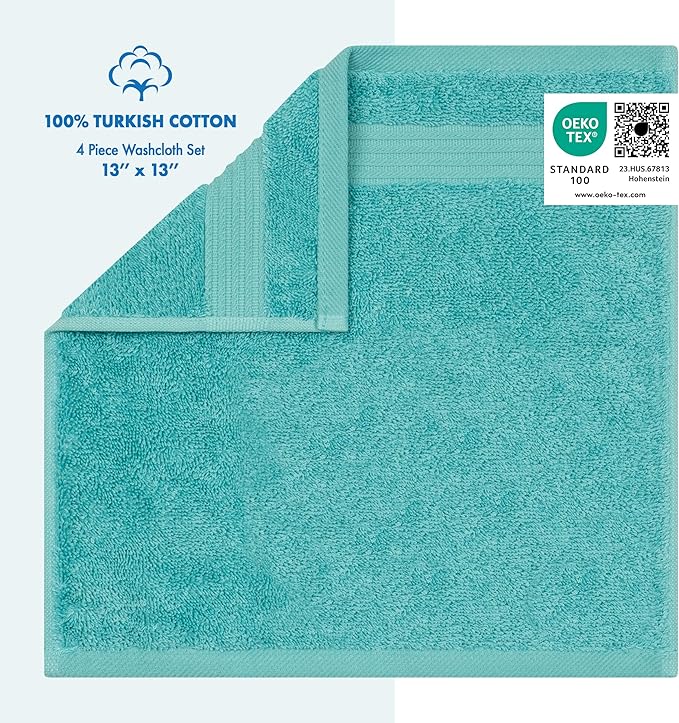 Cotton Paradise 100% Cotton Turkish Washcloth Set for Bathroom, 4 Piece Soft Absorbent Small Hand Face Towels Wash Rags, Turquoise