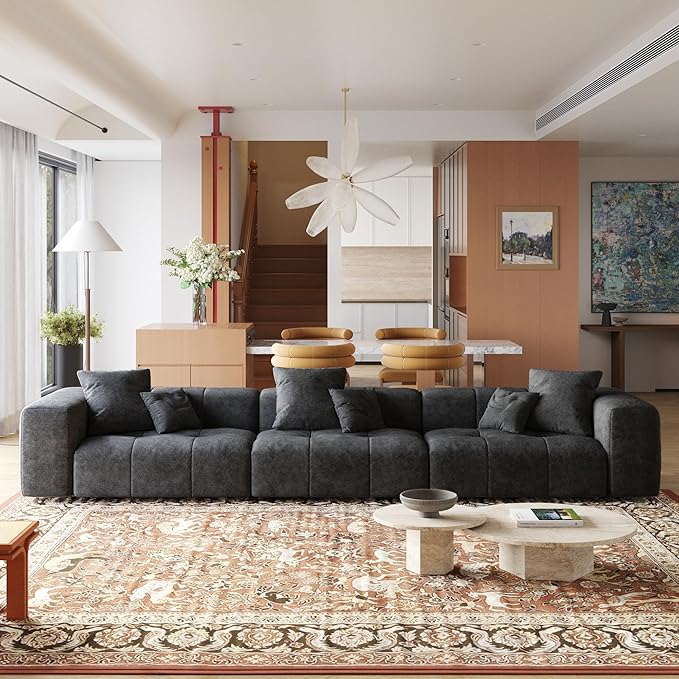 JACH 144 Inch Modular Sofa, Mid Century Modern Extra Deep Corner Seat Couch, 3-Seater Sofas for Living Room, Sectional Couches, Cozy Sofa for Apartment, Living Room (Linen Fabric, Black)