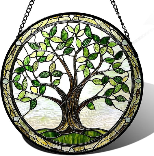 Stained Glass Window Hanging - Brown Tree Trunk Green Leaves Sun Catcher for Door Garden Home Decor Plant Suncatcher Christmas Mother's Day Birthday Gifts for Women Men Mom Nana 6.3 in