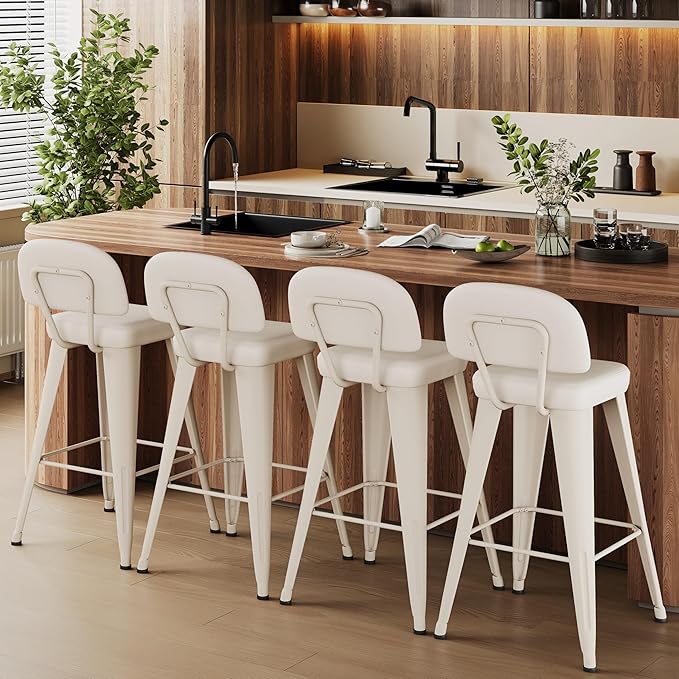 Aklaus PU Leather Metal Bar Stools 24 inch Faux Leather Counter Height Barstools Set of 4 Modern Farmhouse Bar Chairs with High Backs and Faux Leather Seat for Kitchen Island Dining Room Off White