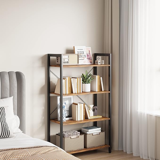 4-Tier Bookshelf, 47.2'' H Ladder Shelf, Industrial Bookcase, Wooden and Metal Storage Rack, Shelving Unit for Living Room Entryway Office, Rustic Brown Book Shelves, 24 * 11.8 * 47.2 inches