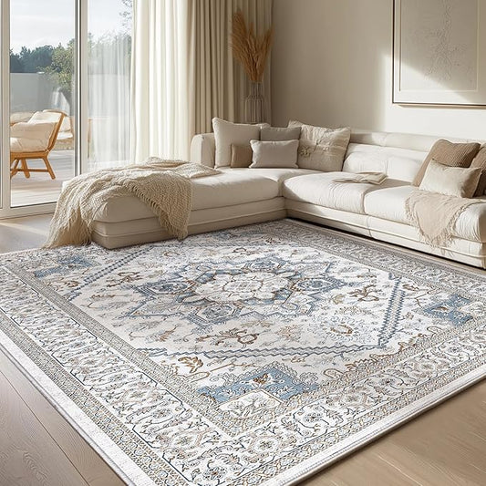 OPPODREAM Thin Neutral Area Rugs 3x5, Washable Rugs with Non Slip Backing, Low-Pile Throw 3x5 Carpet, Faux Cashmere 3 x 5 Carpet, Cream White & Blue & Light Brown