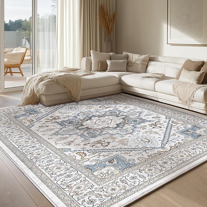 OPPODREAM Thin 10x14 Area Rugs, Neutral Washable Rugs 10x14 with Non Slip Backing, Low-Pile Faux Cashmere 10 x 14 Carpet, Cream White & Blue & Light Brown