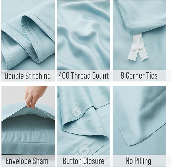 Bella Coterie Luxury Bamboo Viscose Queen Size Duvet Cover Set | 100% Organically Grown | Corner Ties | Ultra Soft | Cooling | Two Pillow Shams | 90 x 94 | No Insert [Coastal Blue]