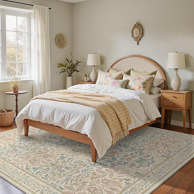 GENIMO 6x9 Washable Area Rug, Non-Slip Vintage Boho Floral Carpet, Soft Low-Pile Thin Living Room Rug for Bedroom, Dining Room, Nursery, Beige Pink