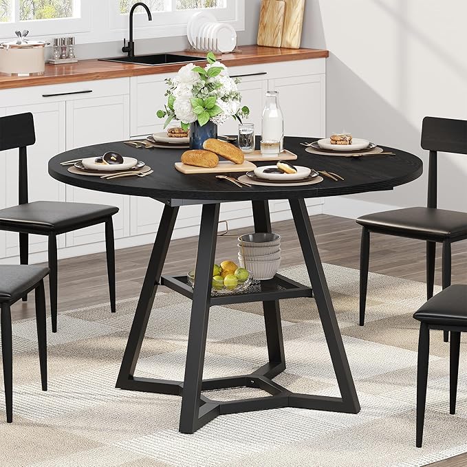 Round Dining Table for 4, Kitchen Tables Dining Room Circle Dinner Table with Pedestal Metal Frame, Space Saving Wood Industrial Kitchen & Dining Room Tables, Black 47In