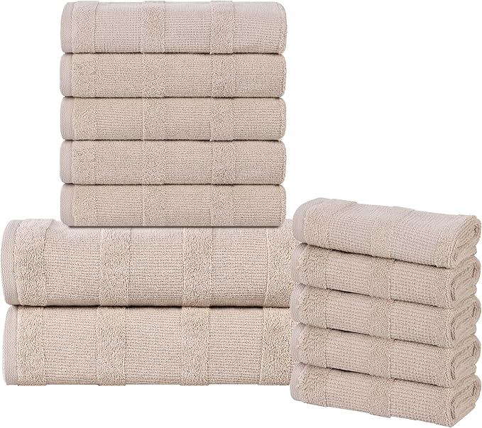 Superior Roma Cotton 12 Piece Assorted Towel Set, Highly Absorbent, Ribbed, Quick-Dry, Shower, Spa Basics, Home Essentials, Solid, Includes; 2 Bath Towels, 5 Hand Towels, 5 Face Towels, Stone