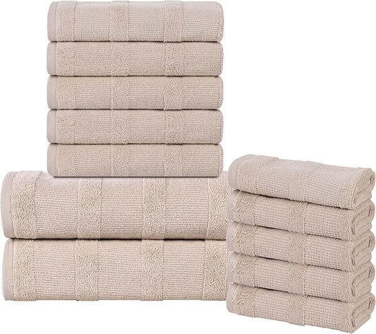 Superior Roma Cotton 12 Piece Assorted Towel Set, Highly Absorbent, Ribbed, Quick-Dry, Shower, Spa Basics, Home Essentials, Solid, Includes; 2 Bath Towels, 5 Hand Towels, 5 Face Towels, Stone