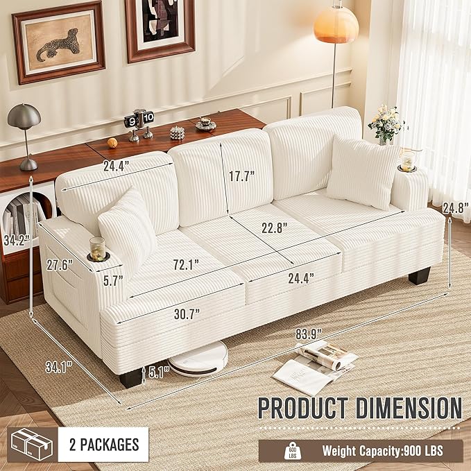 Homall Couch for Living Room, 83" Couches with Soft Deep Seats, Modern Sofa 3 Seater in Corduroy for Apartment, Bedroom (Cream)