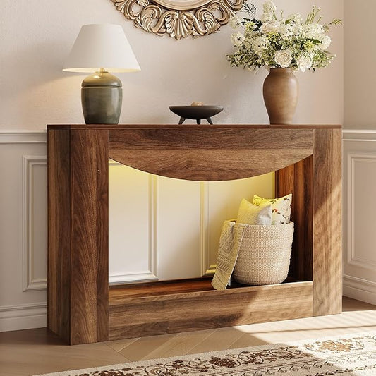 Farmhouse Console Table, 47 Inches Entryway Console Table with LED Light, Sofa Table Behind Couch, Wooden Accent Entryway Table for Living Room, Hallway