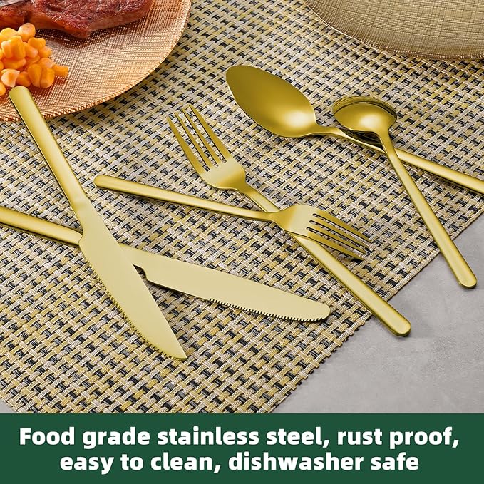 24 Pcs Gold Silverware Set with Steak Knives, Food-Grade Stainless Steel Flatware Cutlery Set for 4, Mirror Polished Tableware Eating Utensils Set for Kitchen, Knife Fork Spoon Set, Dishwasher Safe