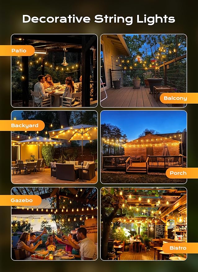 Brightown Outdoor String Lights, 30FT 15+1 LED ST38 LED Patio Lights Shatterproof, Dimmable IP65 Waterproof Connectable Hanging Outdoor Light for Backyard, Porch, Deck, Balcony