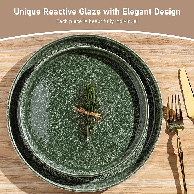 GBHOME Stoneware Dinnerware Sets for 4,Round Reactive Glaze Ceramic Plates and Bowls Set,Highly Scratch Resistant| Dishwasher & Microwave Safe Dishes Set,Service for 4(12Pcs),Dark Green