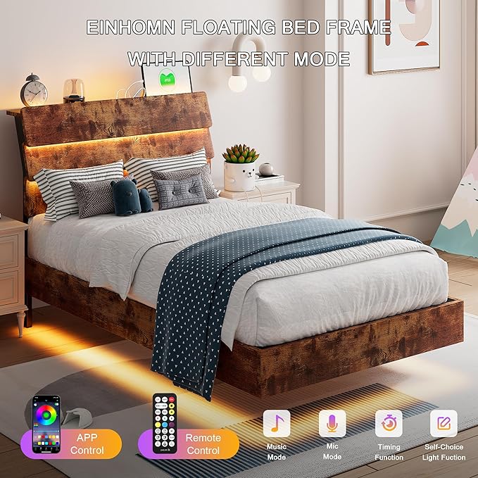 Floating Bed Frame Twin Size with Led Headboard and Charging Station, Metal Platform Bed Base with Storage, Remote Control, Heavy Slats Support, No Box Spring Needed, Noise Free, Vintage Brown