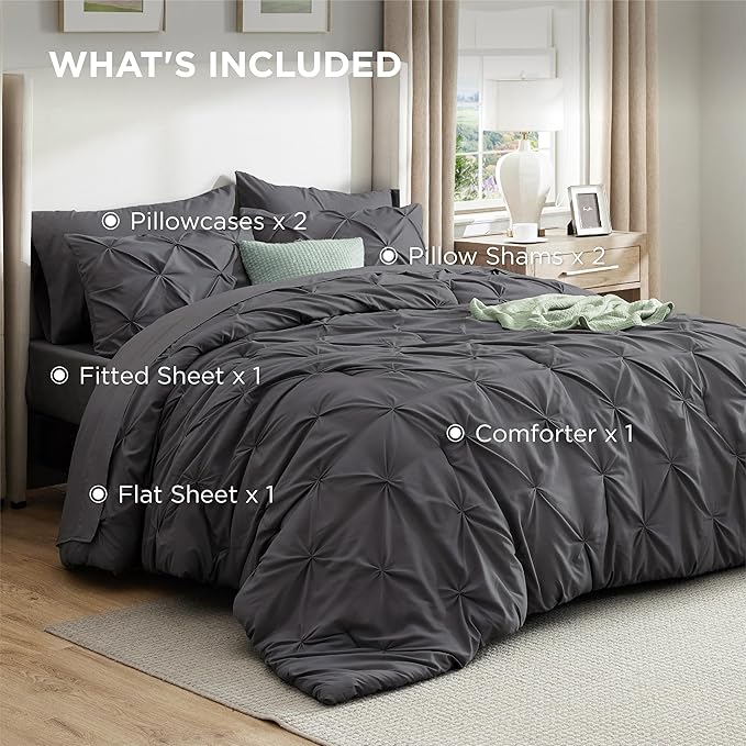 Bedsure Full Comforter Set Dark Grey - Bed in a Bag Full Size Bedding Set 7 Pieces, GentleSoft™ Pintuck Bed Set Gift for Family, Pinch Pleat All Season Comforter with Sheets, Pillowcases & Shams