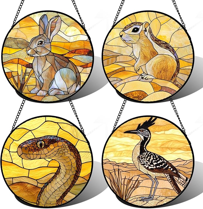 Stained Glass Window Hanging 4 Pcs Set Animals Large 15" - Desert Landscape Yellow Suncatcher Door Garden Sun Catcher Decor Birthday Christmas for Mom Woman Nana Men