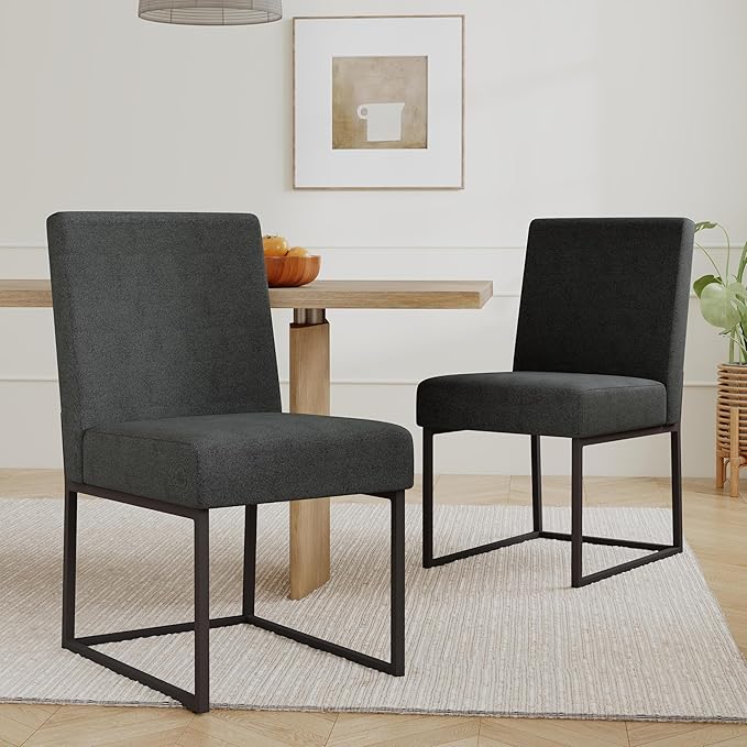 VKNOW Upholstered Dining Chairs Set of 6, Modern Dining Room Chairs, Linen Kitchen Chair Dinner Chair with Black Metal Base for Kitchen Office, Dark Grey-Unstriped
