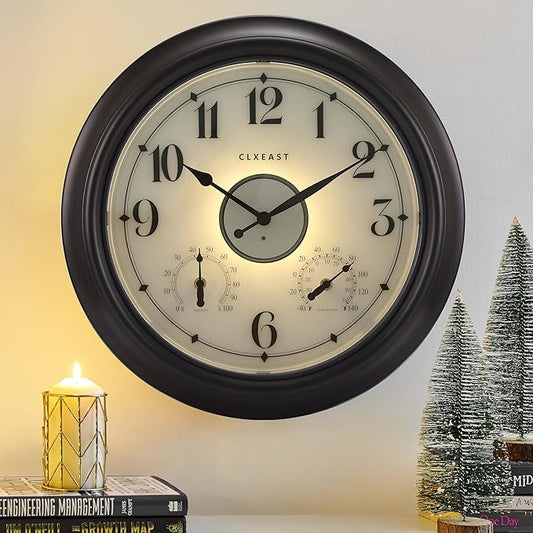 CLXEAST Illuminated Indoor Outdoor Clocks Waterproof 18 inch with Smart Night Light Sensor,Large Wall Clock with Thermometer & Hygrometer,Oil Rubbed Bronze Black,House Warming Gifts New Home