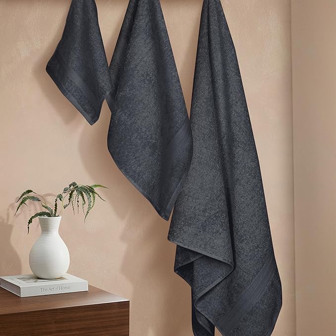 BOUTIQUO Ultra Soft 3 Pack Cotton Towel Set, Contains a Bath Towels 27x54 inch, a Hand Towels 16x24 inch & a Wash Coths 12x12 inch, Ideal Everyday use, Compact & Lightweight - Charcoal Grey