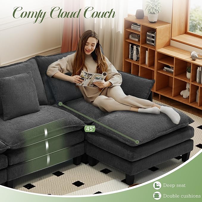 Modular Sectional Sofa, Comfy Cloud Couch with Movable Ottoman, Deep Seat Couches for Living Room, Bedroom and Apartment, 106" U Shaped Modern Sofa with Pillows, Grey